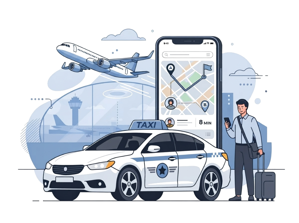 Airport Taxi Transfer with Chauffeur and Flight Departures Illustration