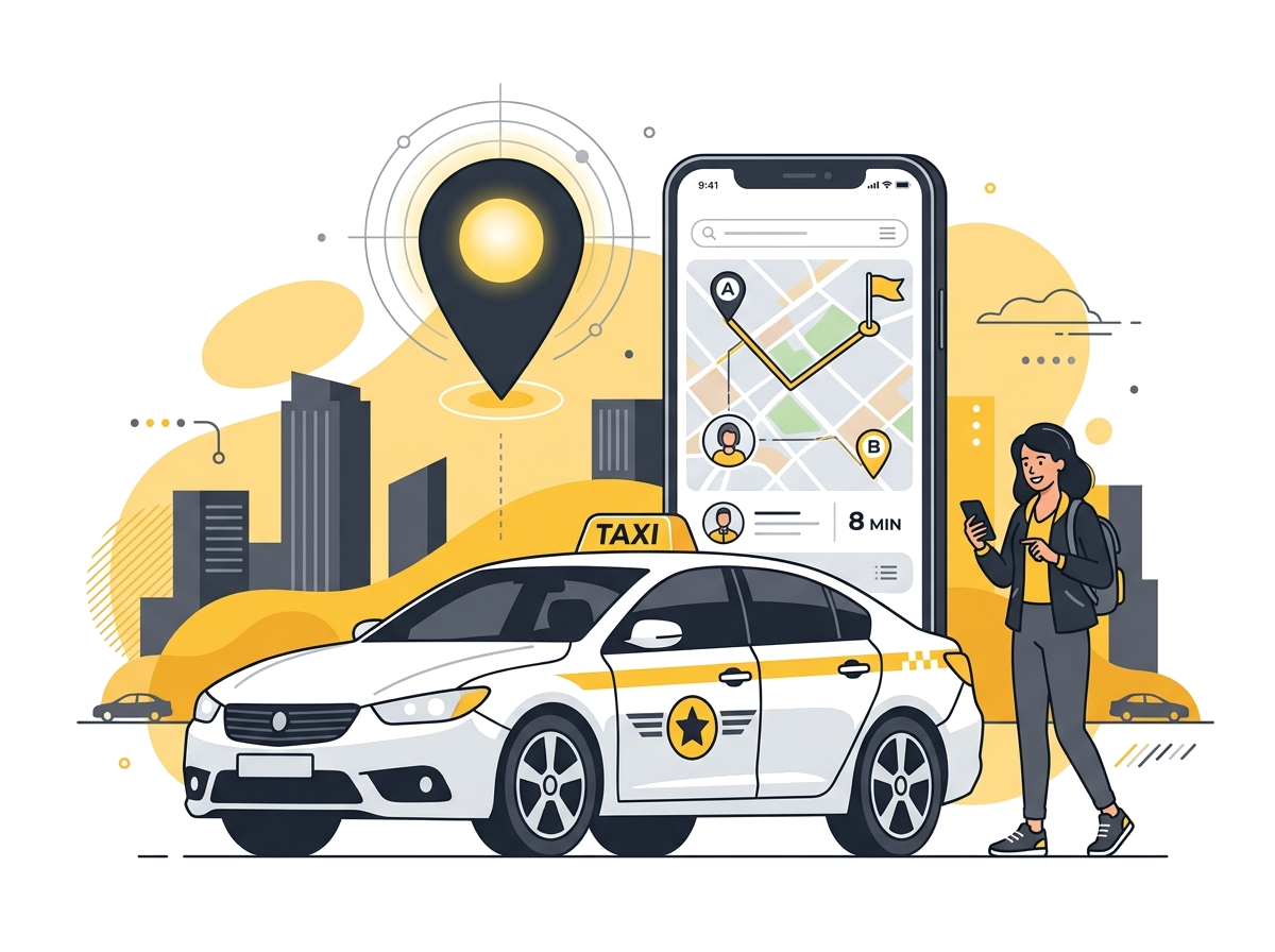 Modern Online Taxi Cab Booking Service with GPS Map and Car Illustration